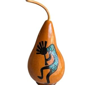 Carved Painted Gourd Kokopelli With Stem 15 in Native American Signed SJ Price